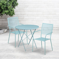Flash Furniture CO-30RDF-02CHR2-SKY-GG 30" Round Steel Folding Patio Table Set with 2 Square Back Chairs in Blue